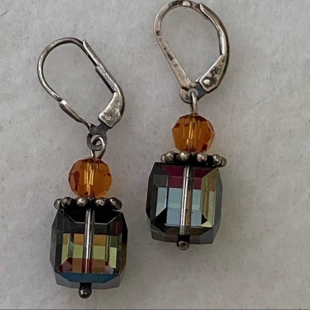 925 Sterling Silver Green Yellow Crystal Minimalist Cube Drop Earrings NEW